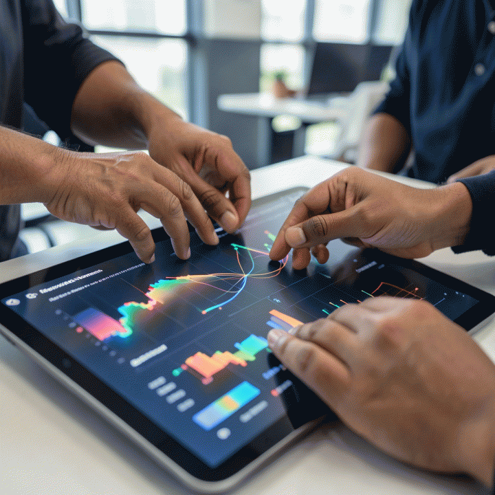 Tangan-tangan yang bekerja sama menganalisis data tren pasar e-commerce di tablet.