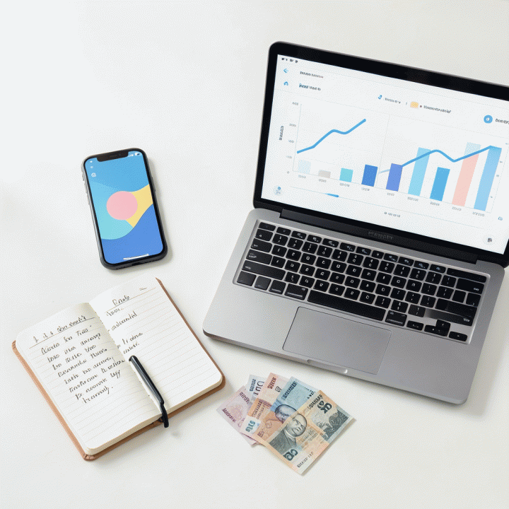 Perlengkapan kerja yang menunjukkan perencanaan bisnis data-driven, termasuk data di layar smartphone dan laptop.