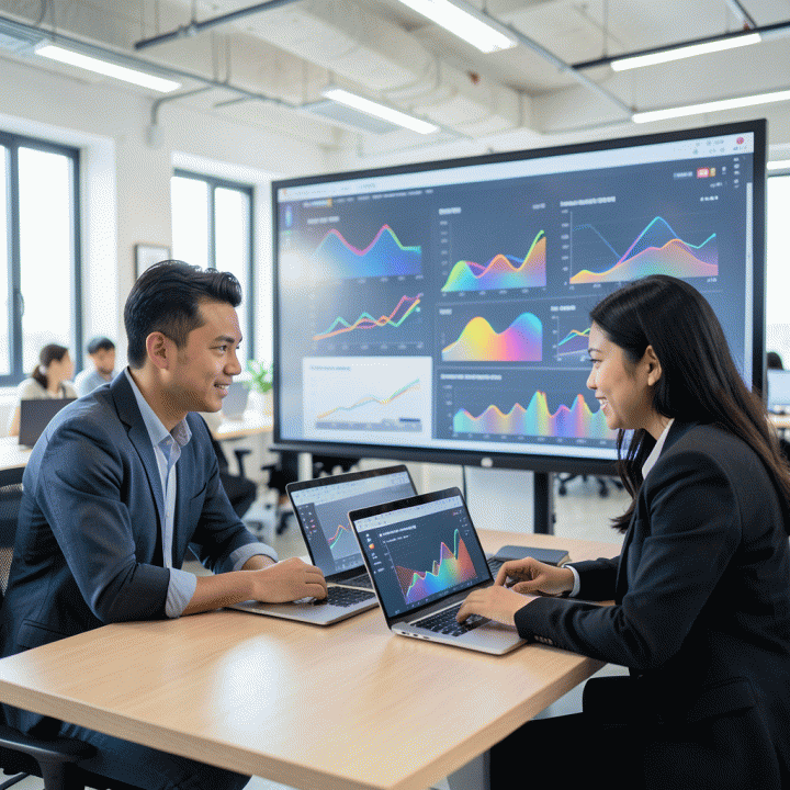 Pasangan profesional muda Indonesia menganalisis data visualisasi e-commerce di co-working space modern, melambangkan strategi affiliate marketing berbasis data.