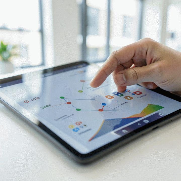 Tangan seorang pengguna berinteraksi dengan dashboard analitik abstrak di tablet, menunjukkan analisis data komisi tinggi.