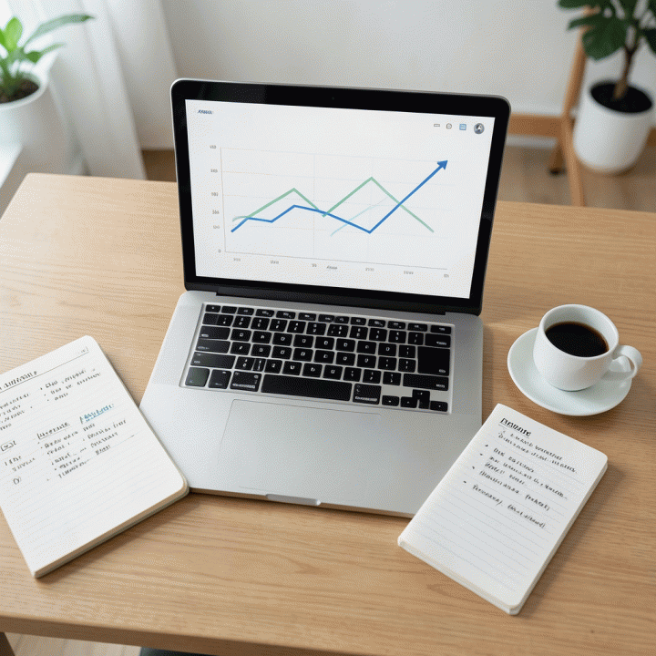 Meja kerja yang rapi dengan laptop menampilkan grafik tren data, melambangkan optimasi strategi affiliate marketing.