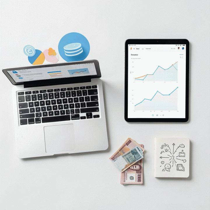 Komposisi flat lay modern yang berisi laptop, tablet, dan uang tunai, melambangkan perencanaan dan pelaksanaan strategi affiliate marketing.