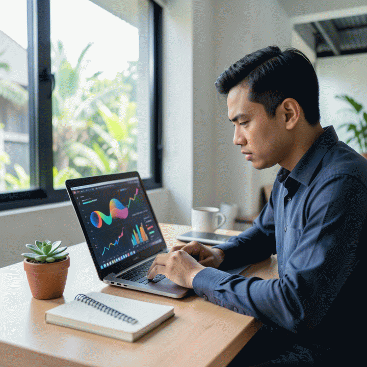 Seorang profesional muda Indonesia yang fokus bekerja di depan laptop yang menampilkan visualisasi data abstrak, melambangkan strategi bisnis dan analisis data untuk meningkatkan pendapatan.
