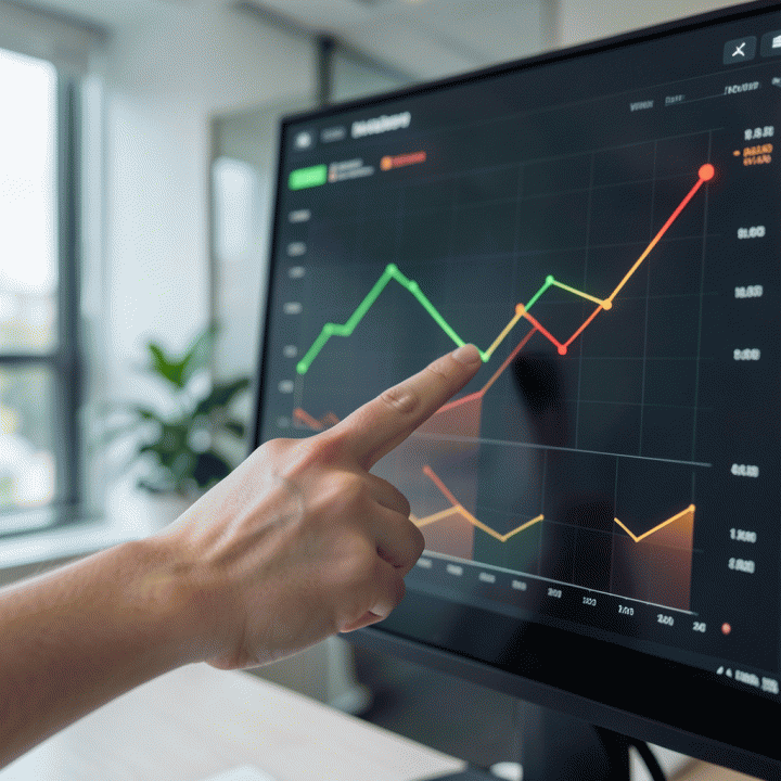 Tangan yang menunjuk pada grafik tren yang menanjak pada dashboard analitik data, melambangkan peningkatan komisi dan hasil yang optimal.