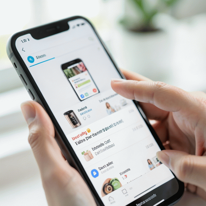 Tangan menunjuk pada produk terlaris di aplikasi e-commerce, menunjukkan identifikasi produk yang potensial.