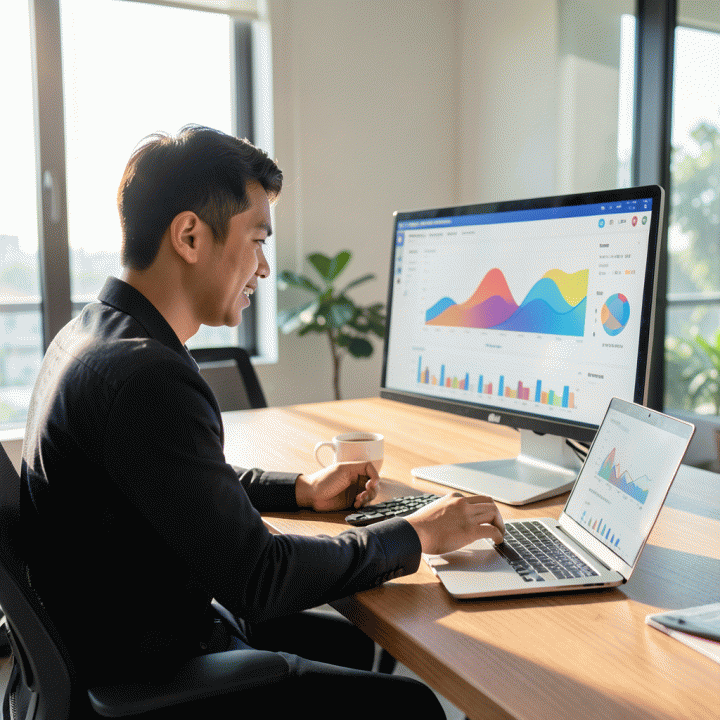Seorang profesional muda Indonesia sedang menganalisis data komprehensif di depan layar monitor, menunjukkan strategi bisnis dan potensi e-commerce di Shopee.