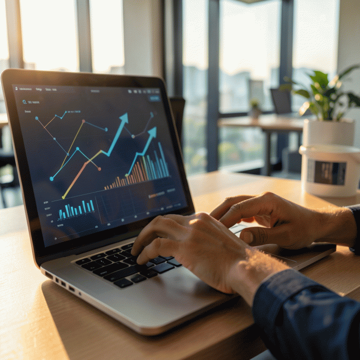 Tangan seorang pengusaha sedang bekerja di laptop dengan layar yang menampilkan dashboard data analitik yang menunjukkan pertumbuhan bisnis.