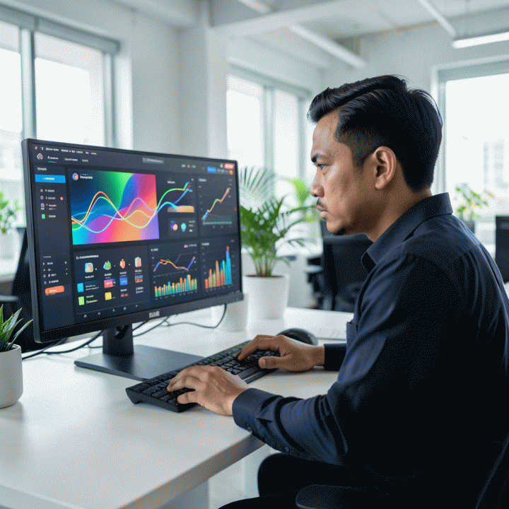 Seorang pria profesional Indonesia sedang menganalisis data tren e-commerce yang kompleks dan berwarna-warni di layar monitor besar, melambangkan strategi bisnis digital yang sukses.