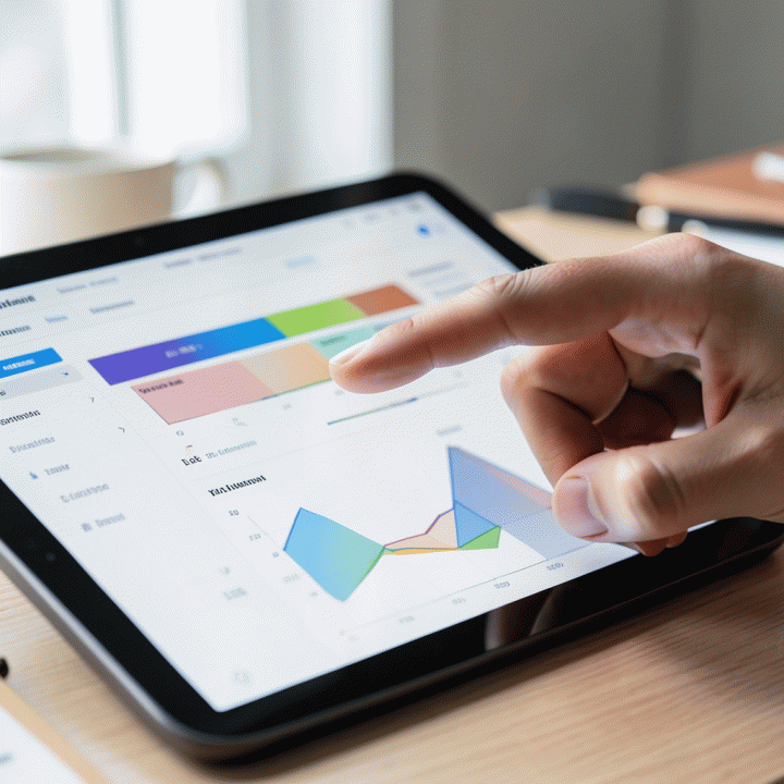 Tangan menunjuk ke dashboard analitik digital di tablet, menunjukkan data bisnis yang mendalam dan strategis.