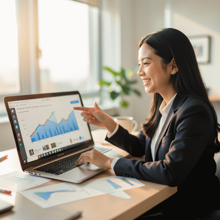 Wanita profesional Indonesia bekerja di meja modern dengan visualisasi data grafik naik, melambangkan peningkatan keuntungan dari affiliate marketing Shopee.