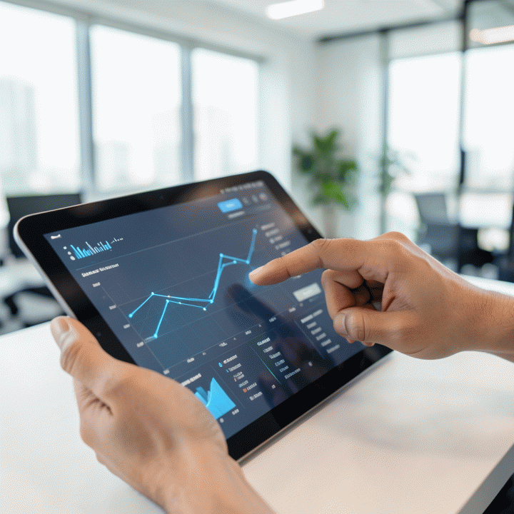 Tangan menganalisis data kinerja di tablet, menunjukkan pengukuran ROI dan hasil afiliasi.