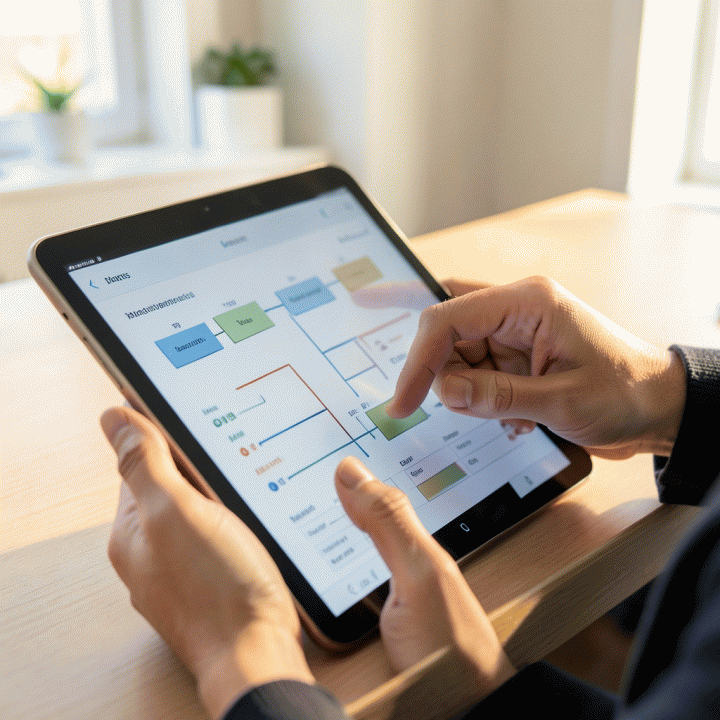 Tangan guru berinteraksi dengan tablet AI yang menampilkan visualisasi otomatisasi proses penilaian dan perencanaan materi.