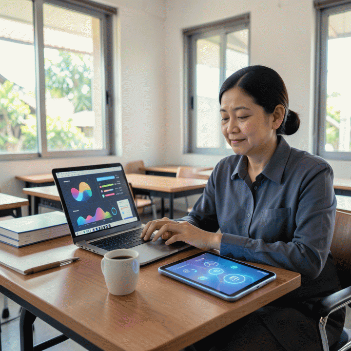 Guru Indonesia menggunakan teknologi AI di kelas modern, tampak efisien dan tidak terbebani, menunjukkan proses perencanaan dan penilaian yang dimudahkan oleh teknologi.