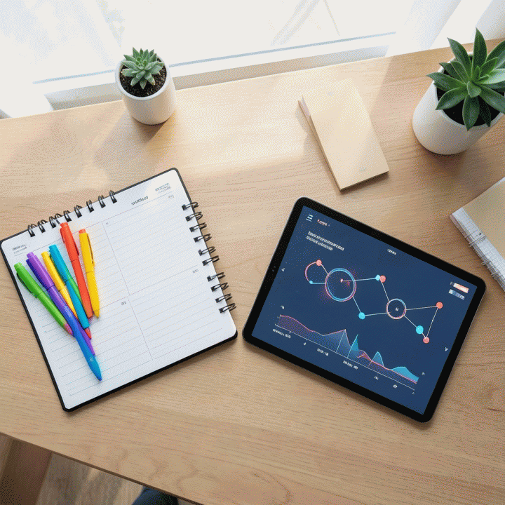 Tampilan atas (flat lay) meja kerja guru yang terorganisir, menampilkan alat bantu modern dan tablet AI untuk perencanaan yang efisien.