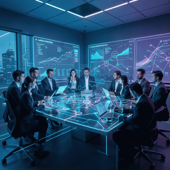 Ilustrasi futuristik dan sinematik tentang kolaborasi tim profesional di sekitar antarmuka holografik canggih, melambangkan implementasi strategi pemasaran berbasis AI (AI-native marketing) yang kompleks dan efisien.