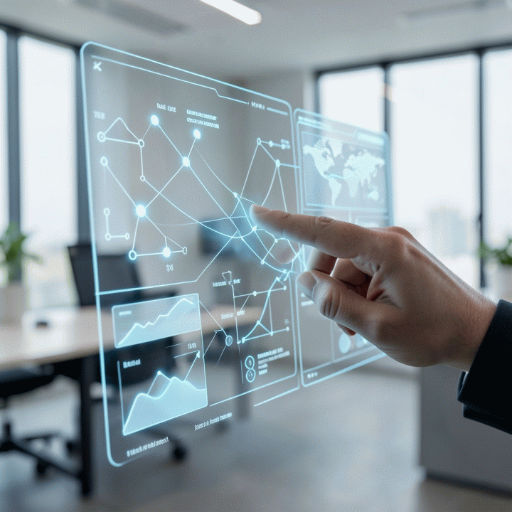 Tangan berinteraksi dengan dashboard holografik abstrak yang menampilkan visualisasi data AI untuk perencanaan pemasaran.