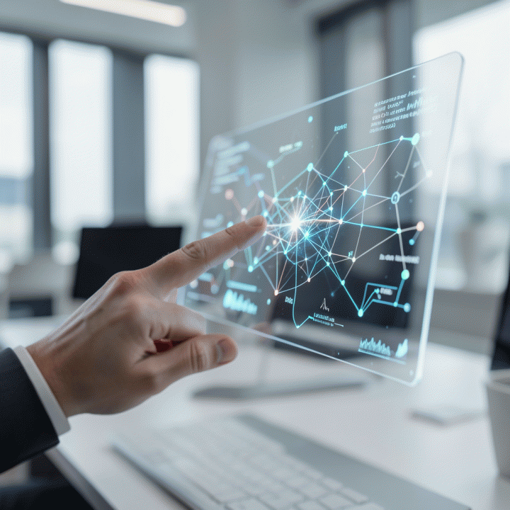 Tangan marketer berinteraksi dengan antarmuka AI futuristik yang menampilkan aliran data dan strukturisasi ide.