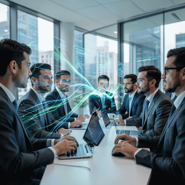 Visualisasi pusat data AI yang canggih, menampilkan aliran data holografik yang digunakan oleh para perencana kota.