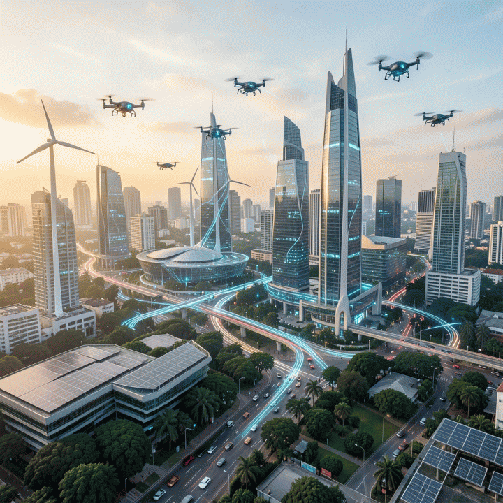 Pemandangan kota pintar masa depan yang futuristik dan efisien, menampilkan integrasi teknologi AI canggih dalam infrastruktur Jakarta yang modern.