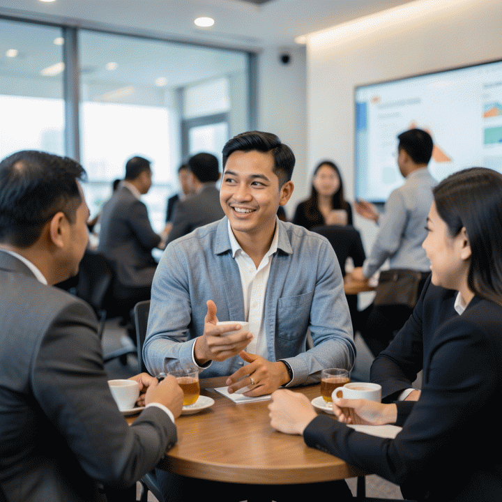 Seorang profesional Indonesia sedang berjejaring (networking) dengan antusias di acara profesional, menunjukkan pentingnya koneksi dan referensi dalam mencari peluang kerja.