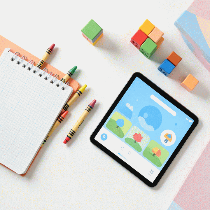 Flat lay of educational materials and a tablet, symbolizing organized and engaging learning.