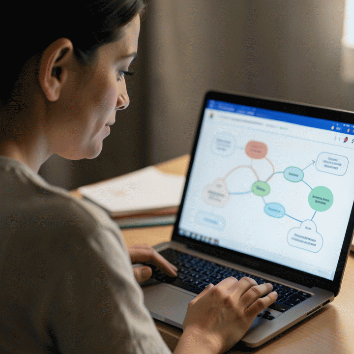 An adult planning educational strategies using a digital interface, highlighting the efficiency of the Cerdas Cilik tool.