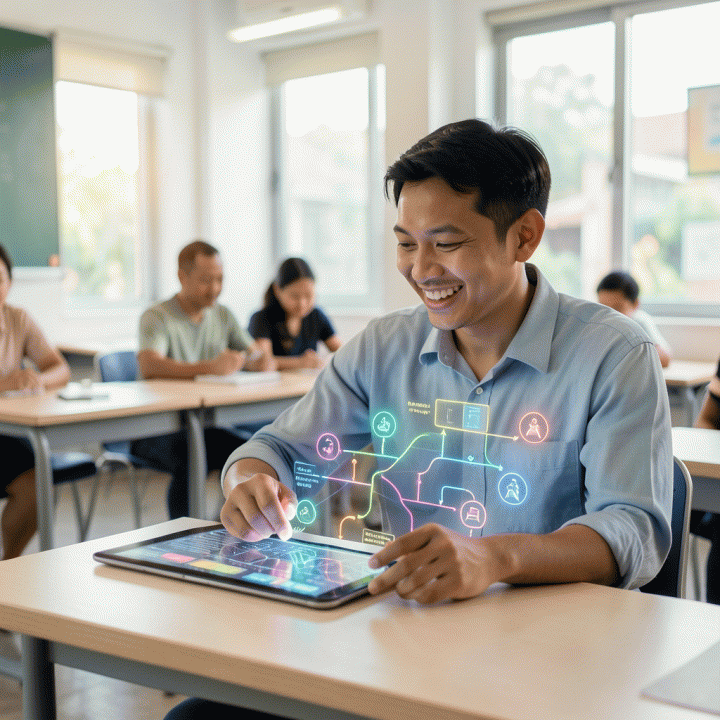 Seorang guru Indonesia tersenyum menggunakan antarmuka AI holografik di kelas modern, menunjukkan proses pembuatan materi ajar yang interaktif dan efisien.