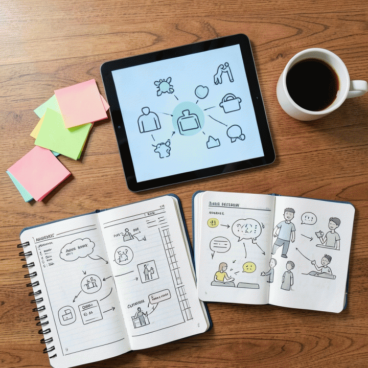 Meja kerja guru yang penuh dengan materi belajar yang terorganisir, menunjukkan proses kreatif dan bantuan teknologi AI.