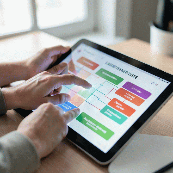 Tangan seorang guru berinteraksi dengan tablet yang menampilkan alur rencana pelajaran yang terstruktur dan interaktif.