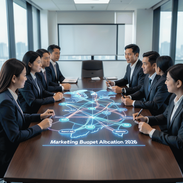 Visualisasi holografik data kompleks mengenai alokasi anggaran pemasaran untuk tahun 2026 di meja rapat eksekutif.