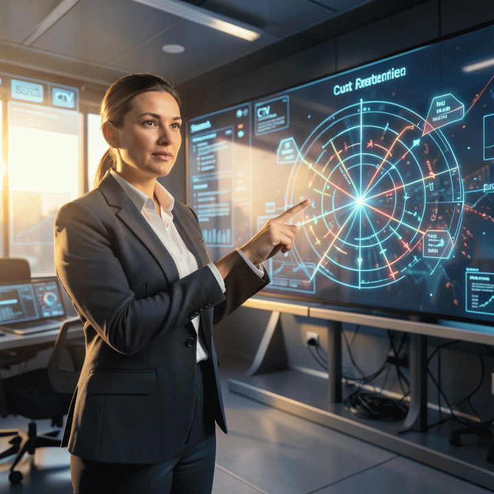 Seorang manajer pemasaran profesional di pusat kendali futuristik, menunjuk ke visualisasi data alokasi anggaran iklan lintas saluran yang kompleks dan optimal.