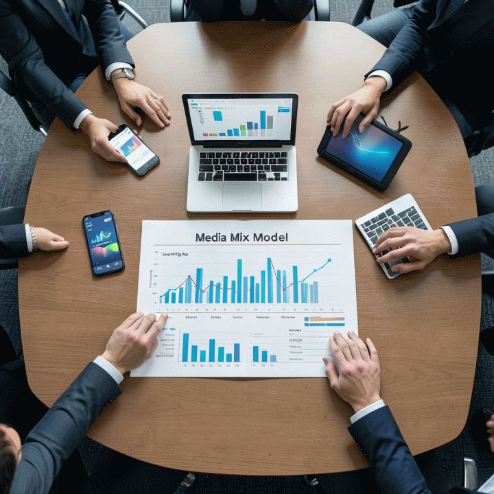 Beberapa profesional berkumpul di atas meja konferensi, berdiskusi dan merencanakan strategi bauran iklan (media mix) dengan visualisasi data yang beragam.