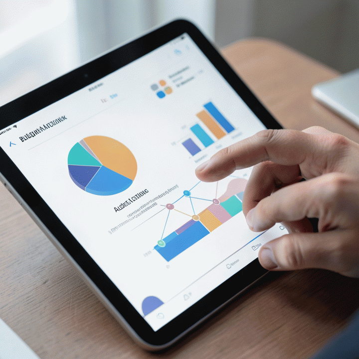 Tangan seorang profesional menggunakan tablet yang menampilkan dashboard visualisasi alokasi anggaran iklan yang terstruktur dan modern.