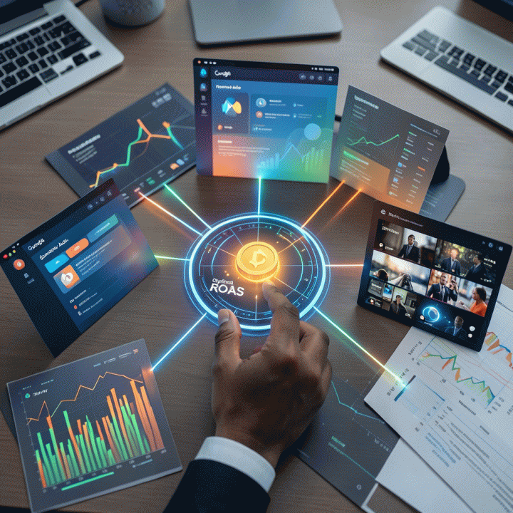Visualisasi strategi alokasi anggaran iklan lintas platform (Google, Meta, TikTok) yang terintegrasi dan optimal untuk memaksimalkan ROAS.