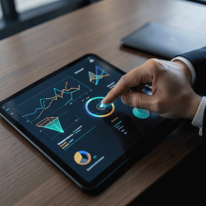 Tangan profesional sedang menganalisis dan mengoptimalkan data kinerja iklan pada dashboard analitik modern.