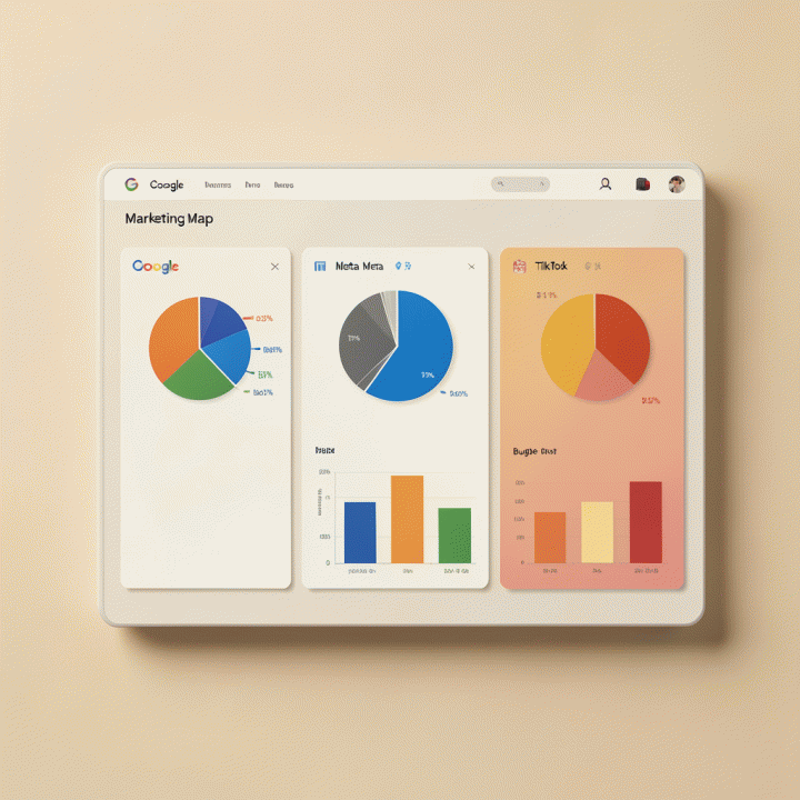 Visualisasi perencanaan anggaran digital di atas permukaan datar yang elegan, menunjukkan pembagian alokasi dana antar platform.