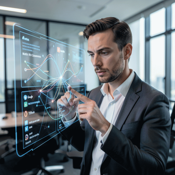 Manajer pemasaran menganalisis dashboard holografik yang menampilkan visualisasi bauran iklan (media mix) lintas platform.
