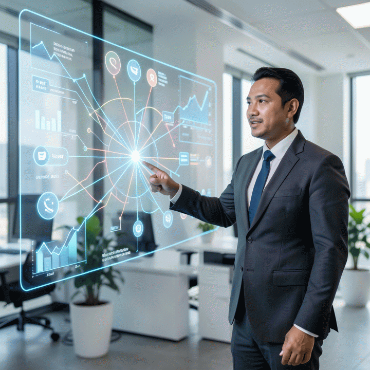 Seorang manajer pemasaran profesional berinteraksi dengan visualisasi data holografik yang kompleks, menunjukkan strategi alokasi anggaran iklan yang optimal untuk peluncuran produk baru.