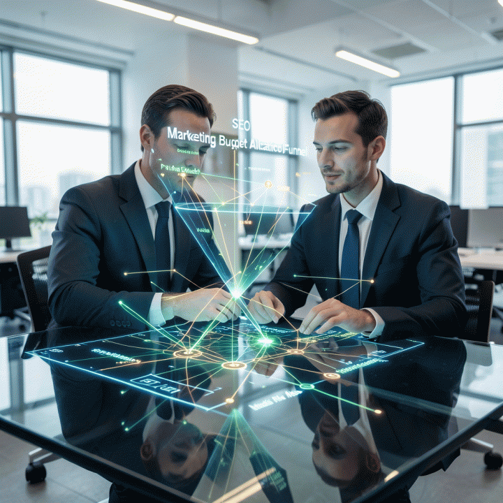 Visualisasi holografik alokasi anggaran pemasaran digital yang kompleks dan terstruktur, menunjukkan hubungan antar berbagai saluran pemasaran (SEO, Paid Ads, Media Sosial) dalam suasana kantor modern dan profesional.
