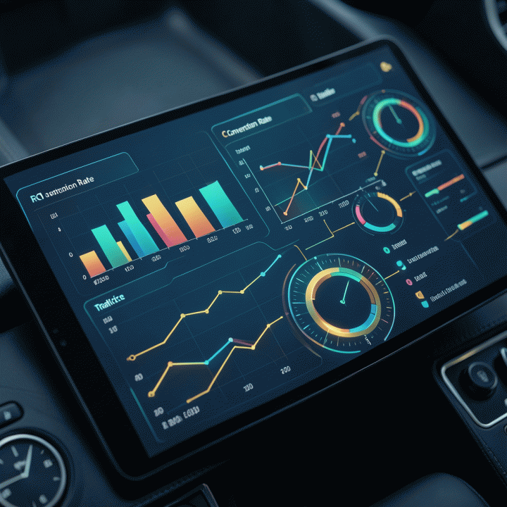 Tampilan dashboard digital yang abstrak dan modern, menampilkan visualisasi metrik pemasaran yang kompleks untuk perencanaan anggaran dan ROI.