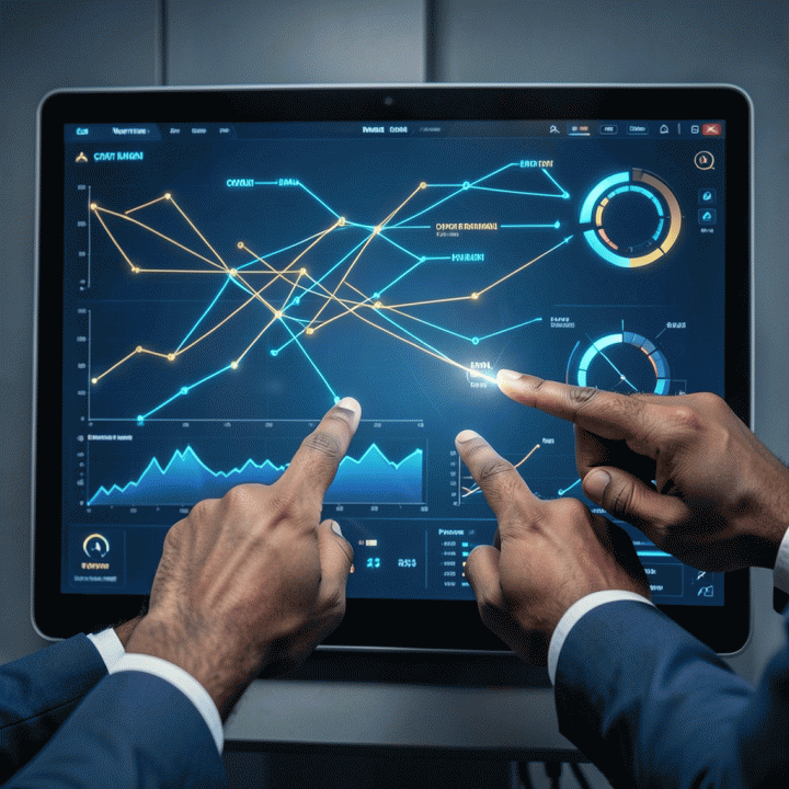 Dashboard visualisasi data pemasaran yang kompleks, menunjukkan optimasi alokasi anggaran antar saluran media untuk mencapai ROI tinggi.