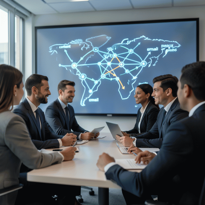 Tim profesional sedang merencanakan strategi marketing di papan digital, menunjukkan alokasi sumber daya yang optimal.