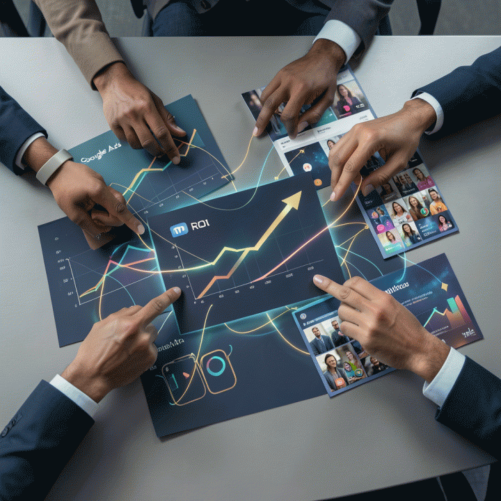Visualisasi strategis alokasi anggaran iklan digital di berbagai platform (Google, Meta, TikTok) yang menunjukkan peningkatan ROI yang optimal.