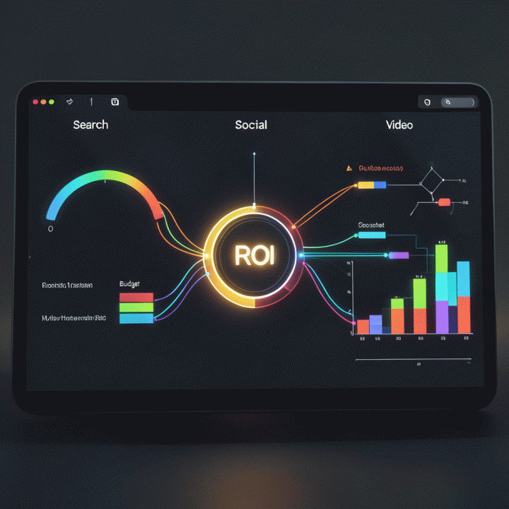Visualisasi dashboard perencanaan media mix yang menunjukkan alokasi anggaran yang teroptimalisasi di berbagai platform digital.