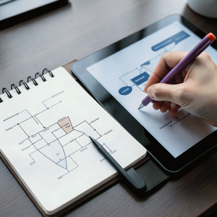 Perencanaan strategis dan analisis data di atas meja kerja, menggambarkan proses optimasi anggaran pemasaran.