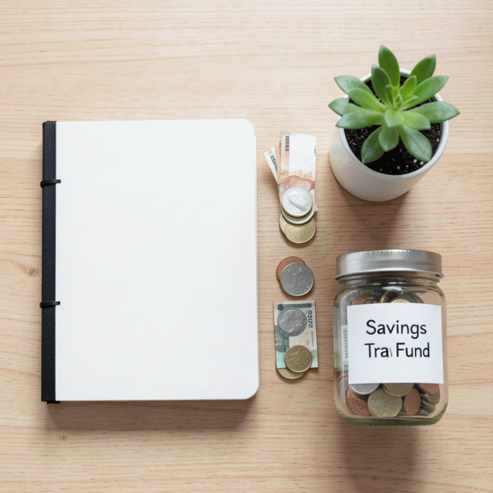Foto flat lay yang rapi menampilkan alat bantu budgeting, termasuk planner, koin, dan simbol tabungan serta dana liburan, melambangkan pengelolaan keuangan yang terstruktur.