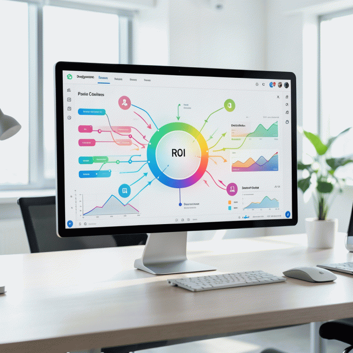 Visualisasi dashboard perencanaan media yang kompleks dan terintegrasi, menunjukkan optimasi alokasi anggaran iklan di berbagai saluran media digital.
