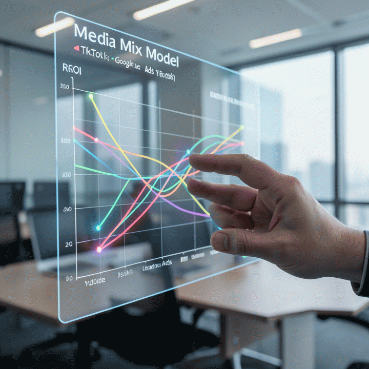 Tangan seorang manajer pemasaran berinteraksi dengan layar holografik yang menampilkan model bauran media (media mix) yang kompleks, menunjukkan alokasi anggaran yang optimal.