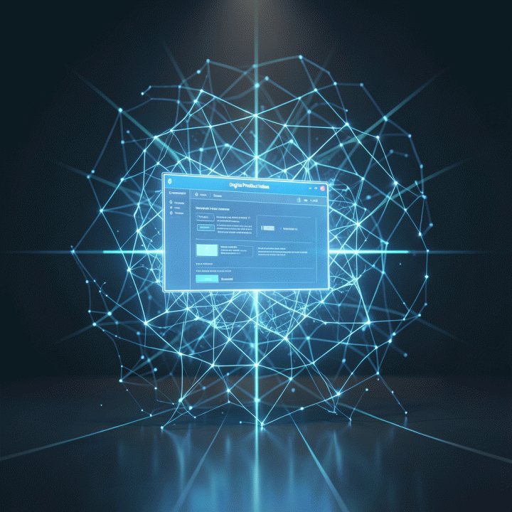 Representasi visualisasi ide bisnis digital yang terbentuk dari jaringan data AI yang kompleks.