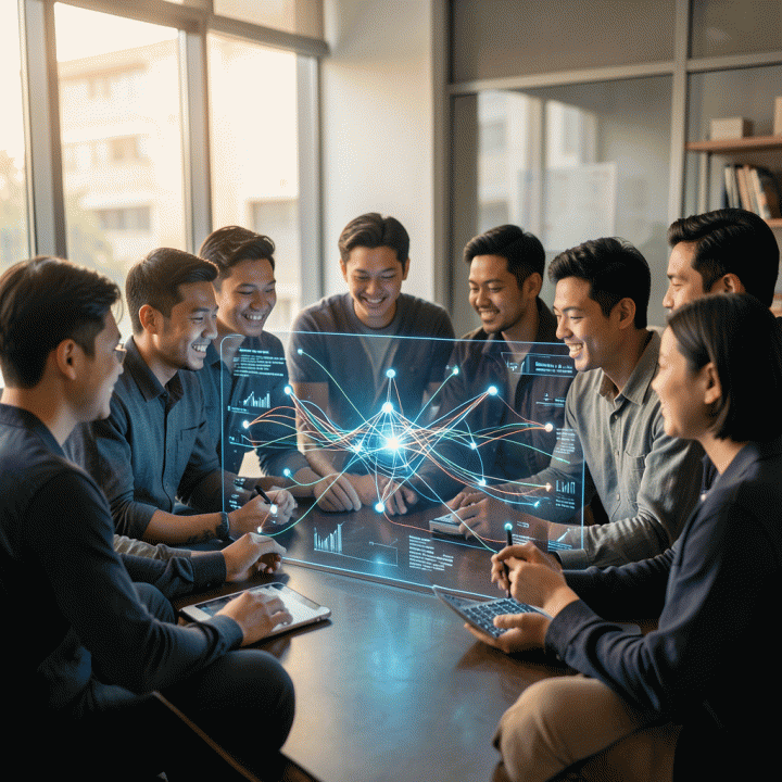Sekelompok founder startup Indonesia berdiskusi di depan layar holografik yang menampilkan analisis data dan ide-ide bisnis yang terhubung, melambangkan riset niche viral.